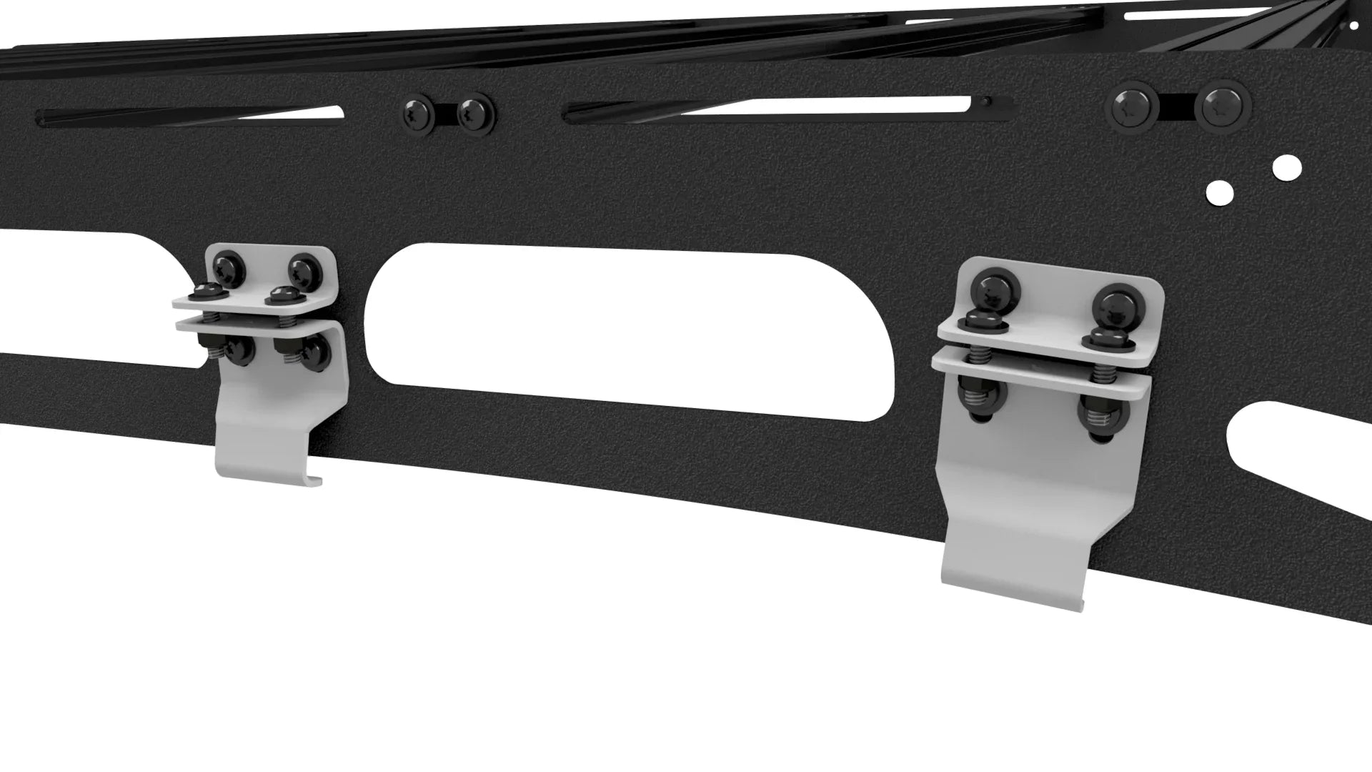 Metal clamp assembly with bolts on a textured black mounting bracket for off-road vehicle racks