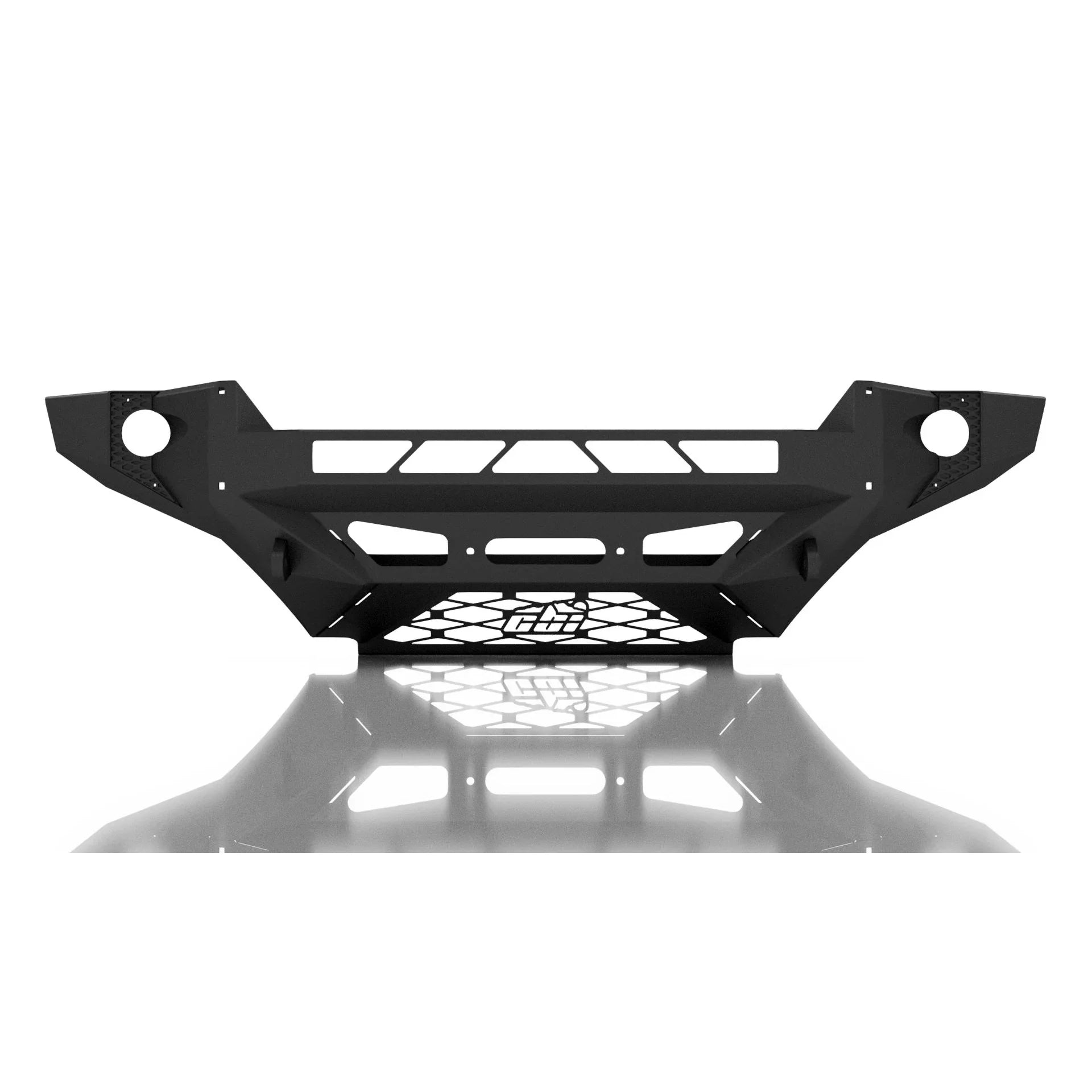 Heavy-duty off-road steel front bumper with angular design for trucks and SUVs, black finish