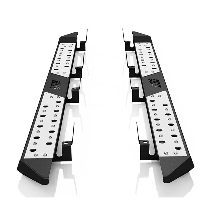 Pair of rugged metal side steps for trucks, silver and black with textured footplates