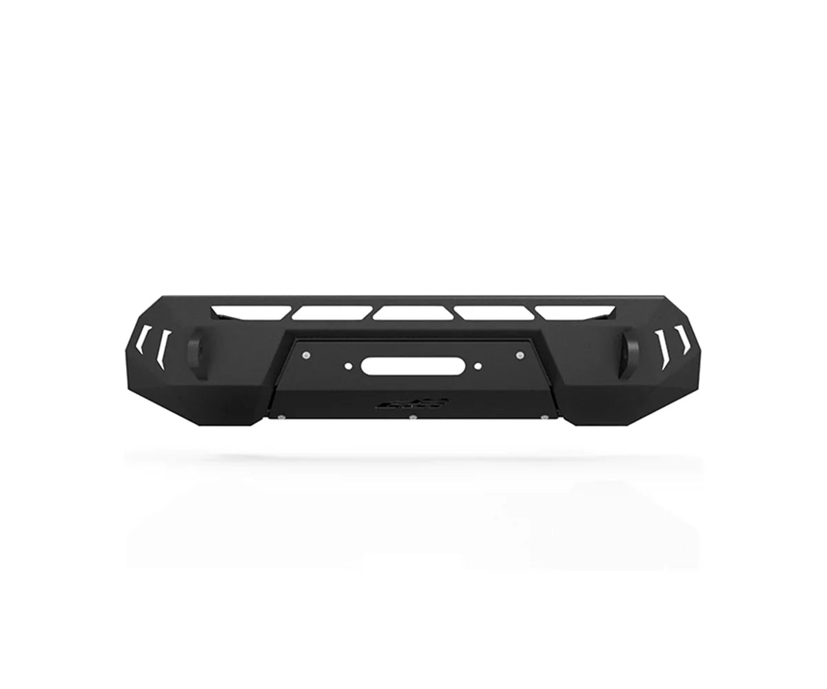 Heavy duty steel off-road bumper for Toyota Tacoma, rugged black finish, front view