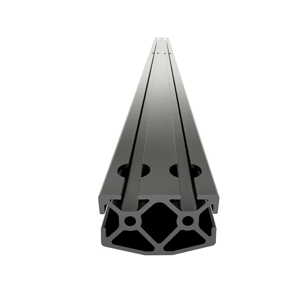Aluminum crossbar extrusion for overlanding vehicle rack, front view on white background