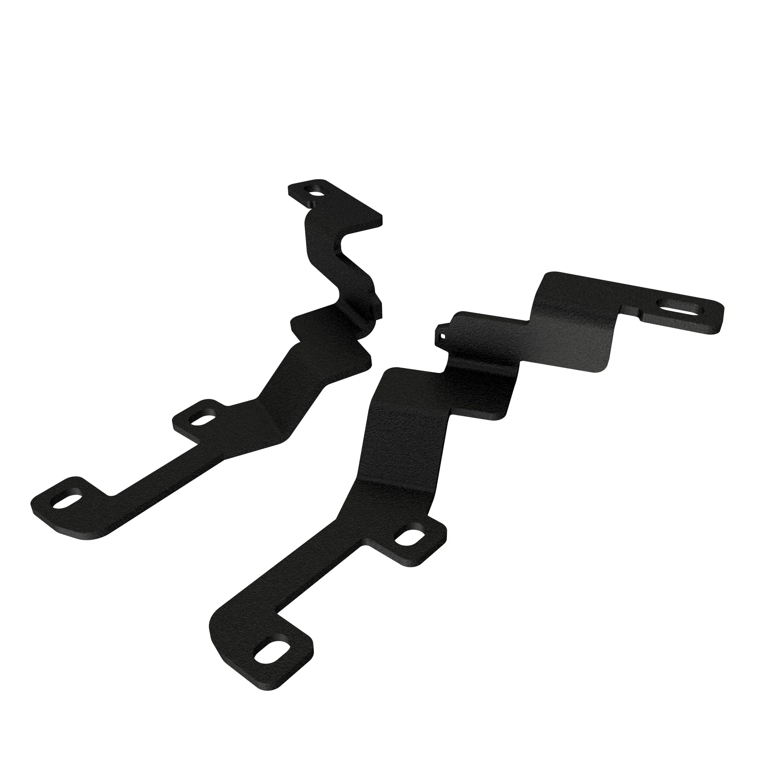 Pair of black metal mounting brackets with multiple bolt holes for vehicle accessories