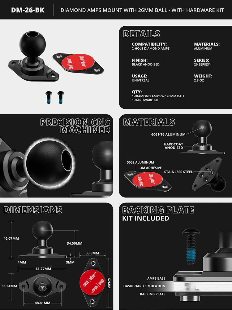 Tackform diamond AMPS mount with 26mm ball and hardware kit, universal fit