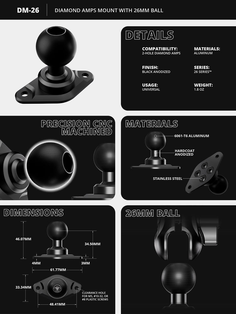 Tackform diamond amps mount with 26mm metal ball for universal fit