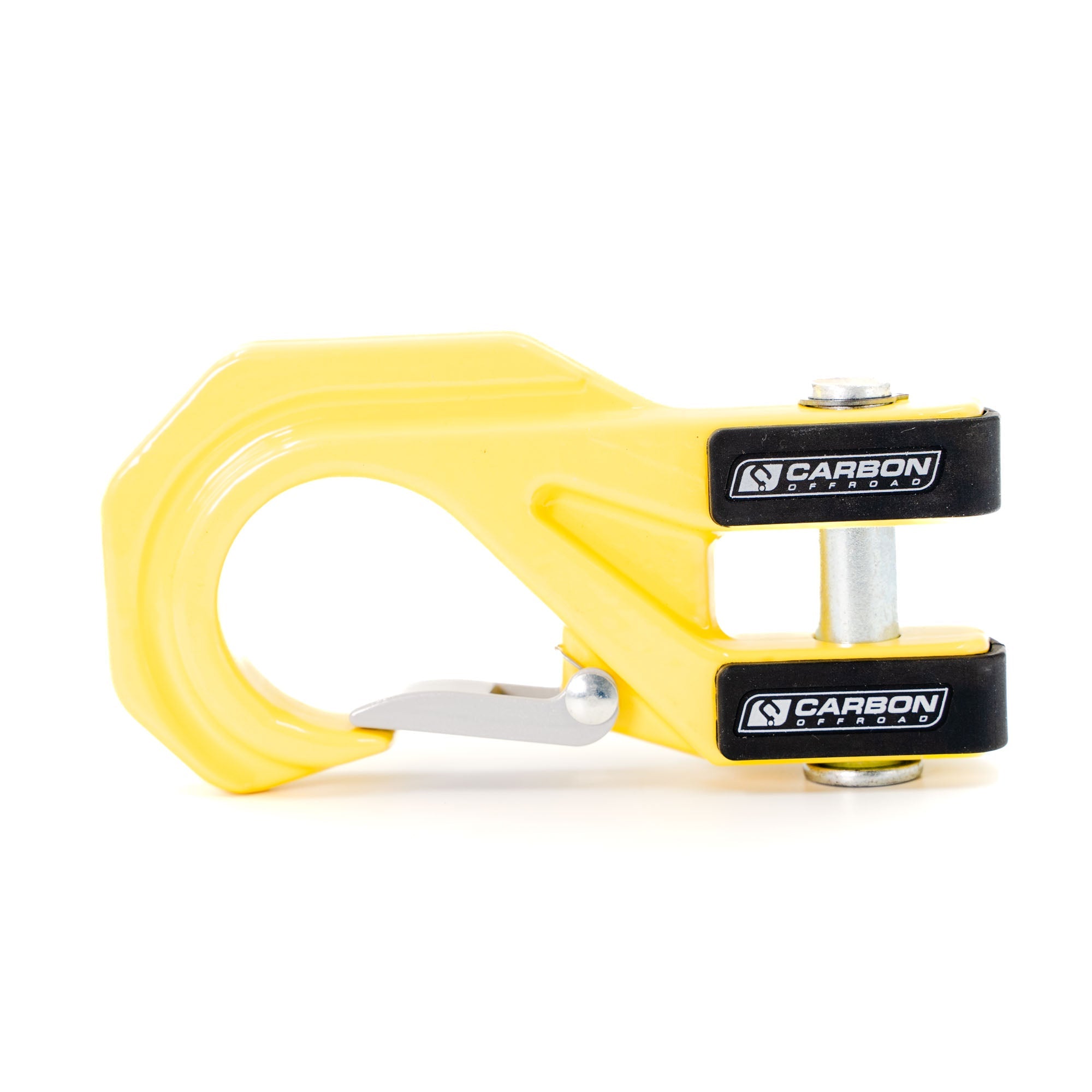 Yellow Carbon Offroad recovery hook for overlanding vehicles on white background