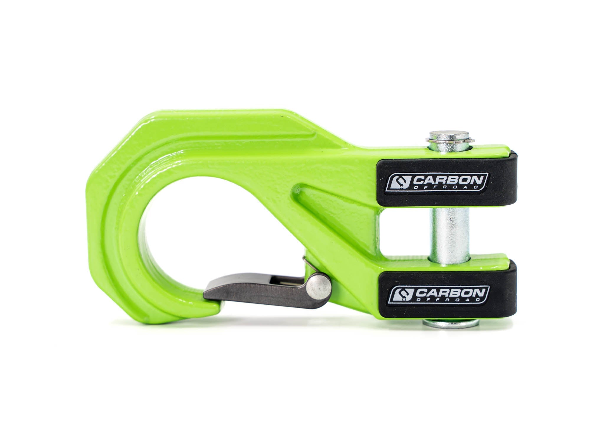 Bright green off-road recovery shackle with Carbon Offroad logos on a white background