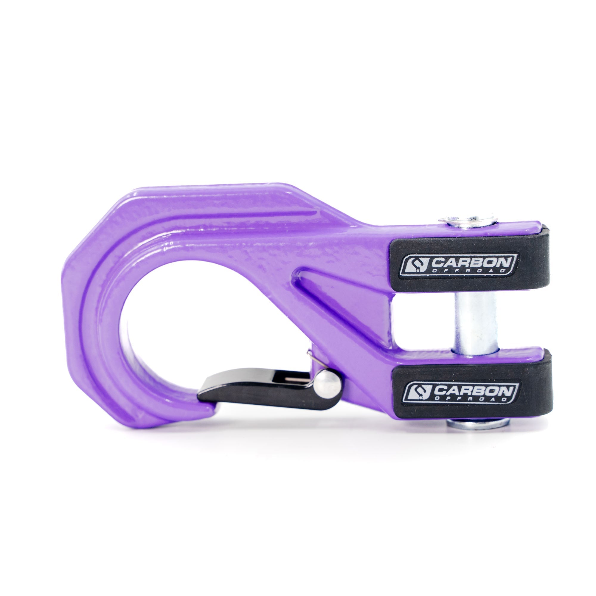 Purple off-road winch hook with Carbon Offroad logo, heavy-duty recovery accessory