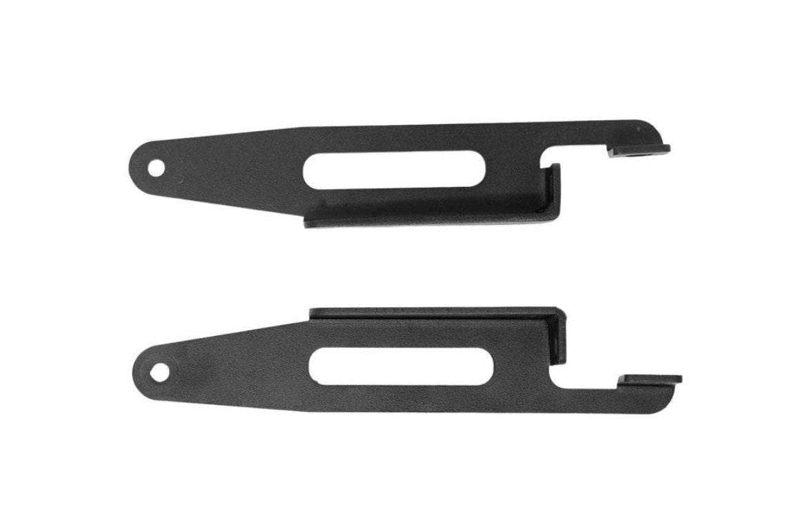 Pair of black metal mounting brackets for vehicle accessory installation