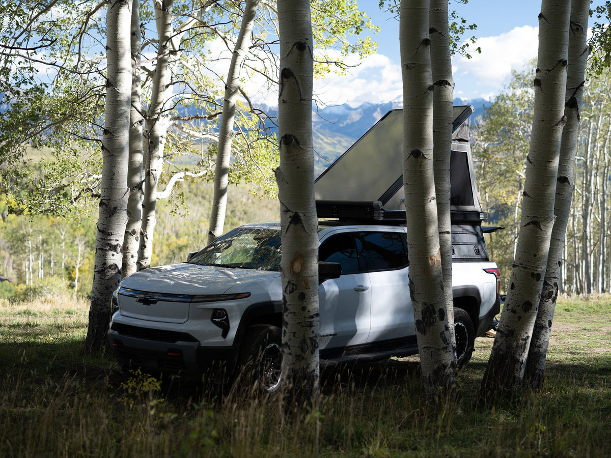 Dirtbox Overland EV pass-through canopy camper for Chevy Silverado EV and GMC Sierra EV