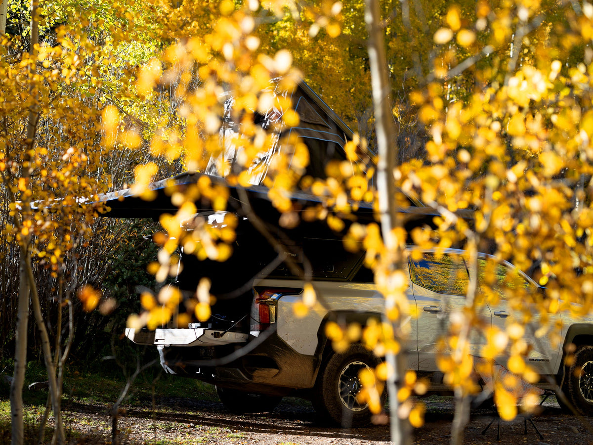Dirtbox Overland EV pass-through canopy camper for Chevy Silverado EV and GMC Sierra EV