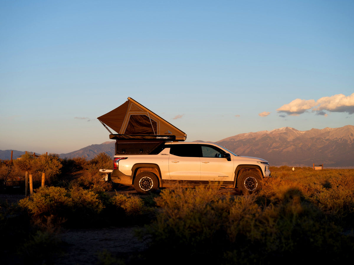 Dirtbox Overland EV pass-through canopy camper for Chevy Silverado EV and GMC Sierra EV