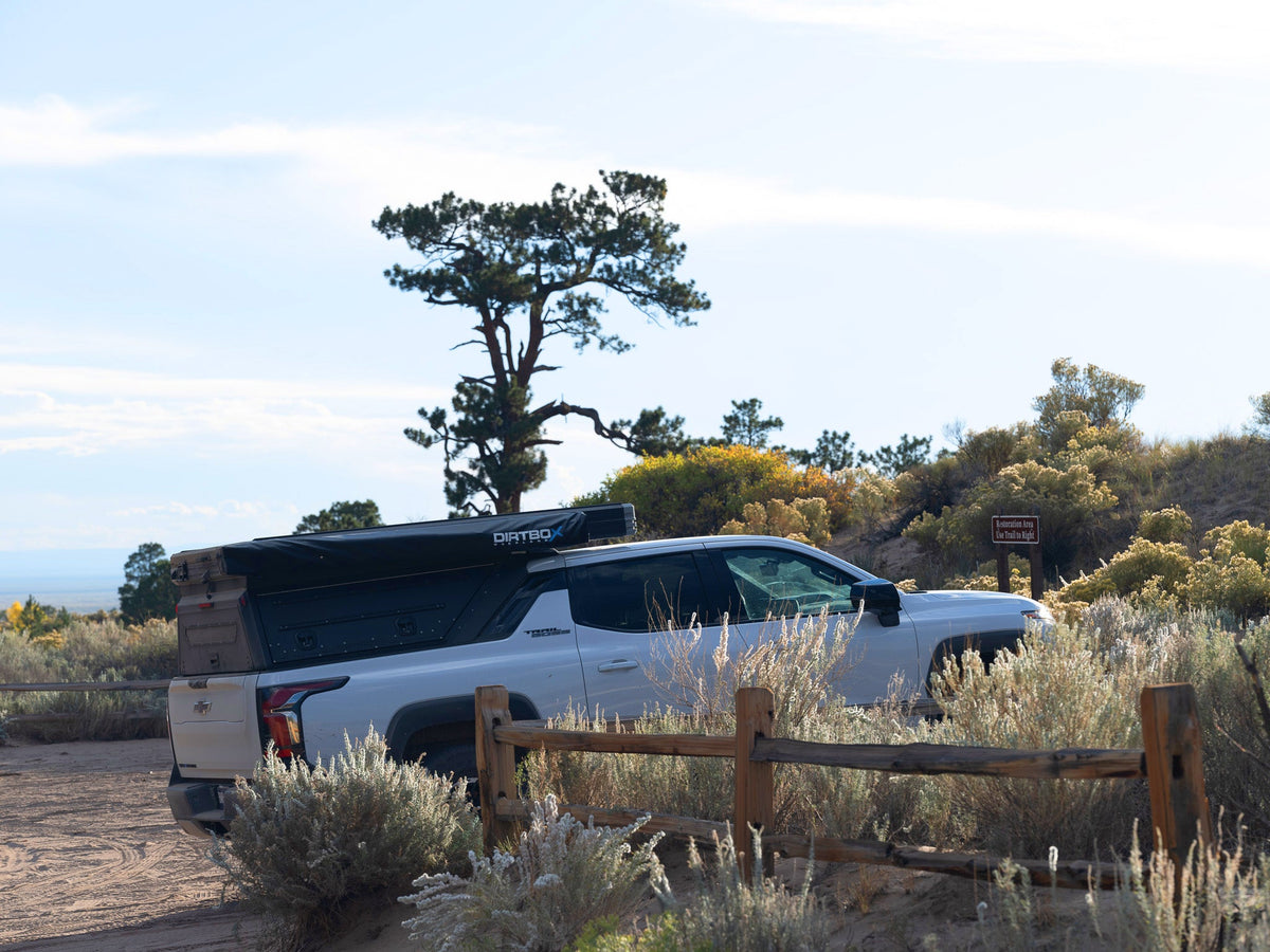 Dirtbox Overland EV pass-through canopy camper for Chevy Silverado EV and GMC Sierra EV
