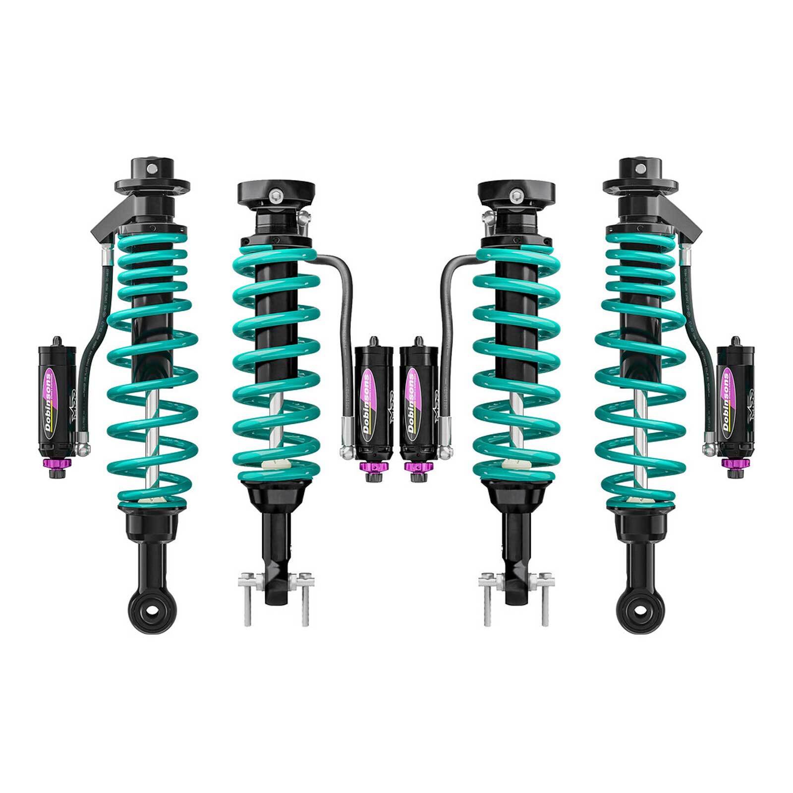 Teal coilover shocks with reservoirs for off-road vehicle suspension upgrades