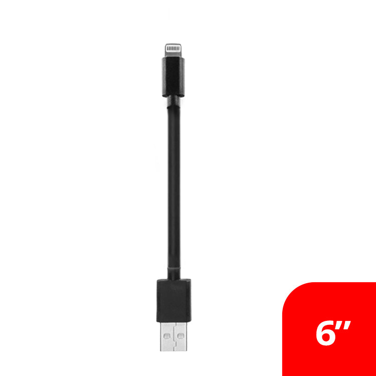 6-inch black USB to Lightning charging cable on white background