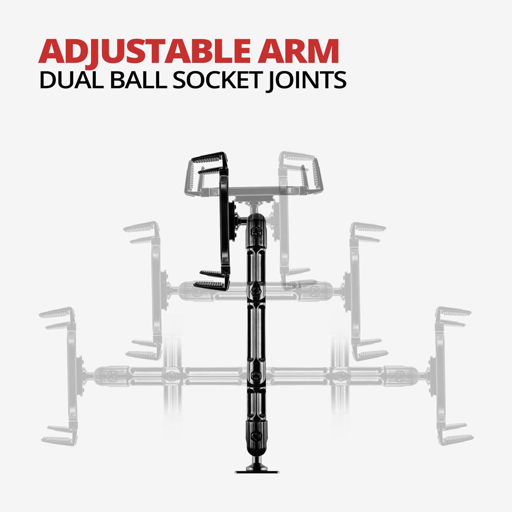 Tackform drill base tablet mount with 10.5 inch arm for universal fit