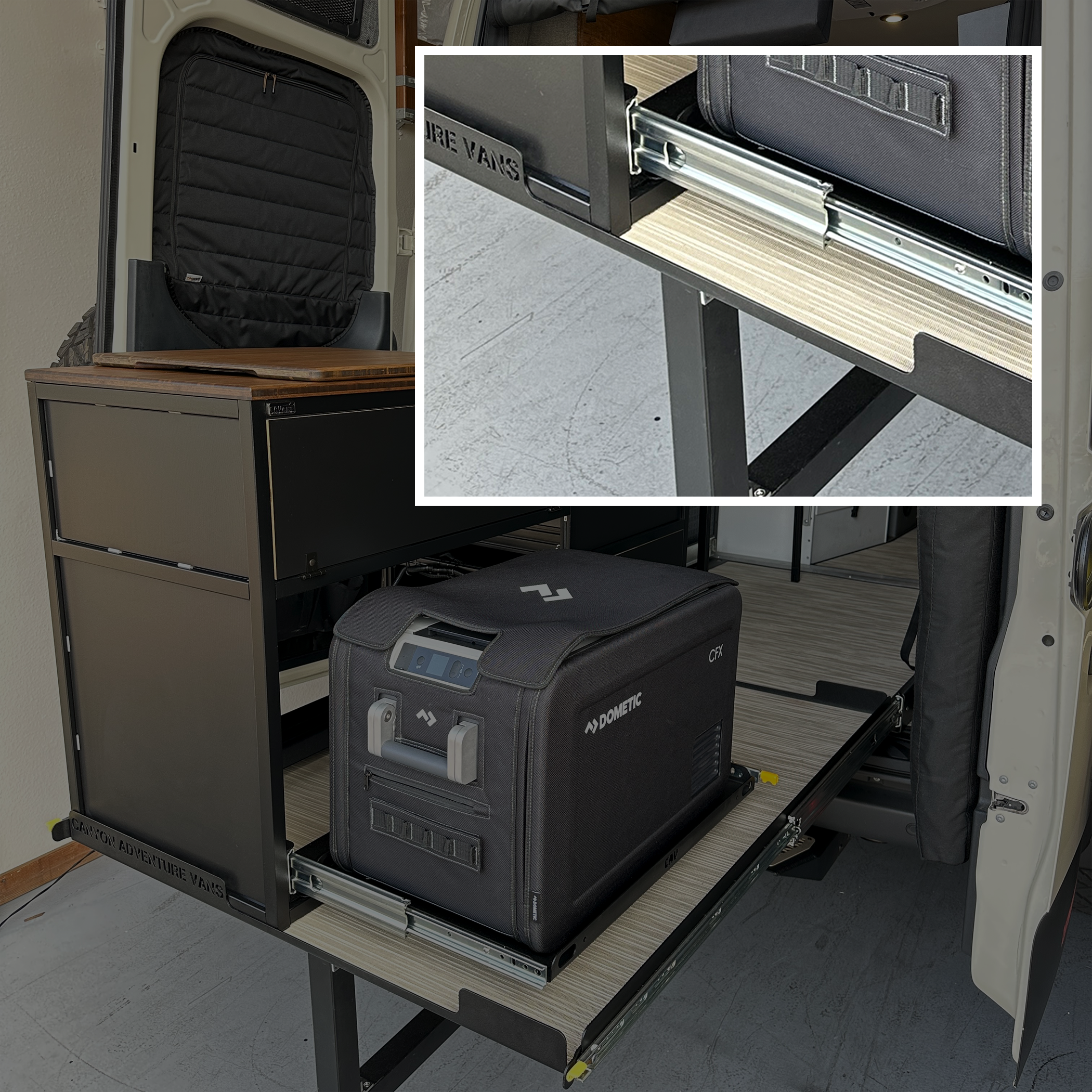 Slide-out drawer with support, holding a portable fridge in a camper van interior.