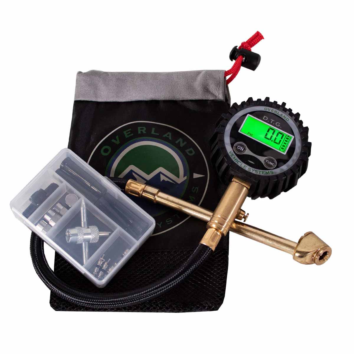 Up Down Air digital tire gauge with valve kit and storage bag