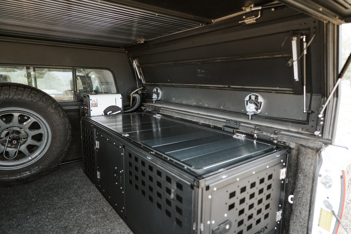 Dirtbox Overland interior storage bench for canopy campers, universal fit