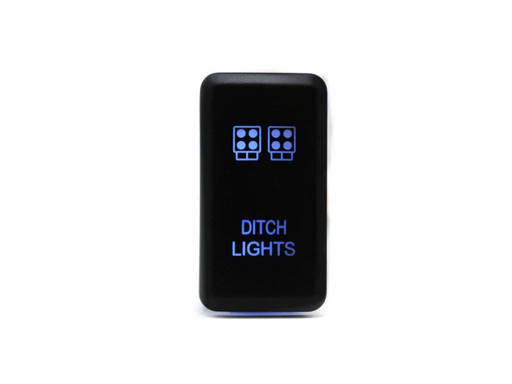 Black illuminated ditch lights switch with blue LED symbols for off-road vehicles