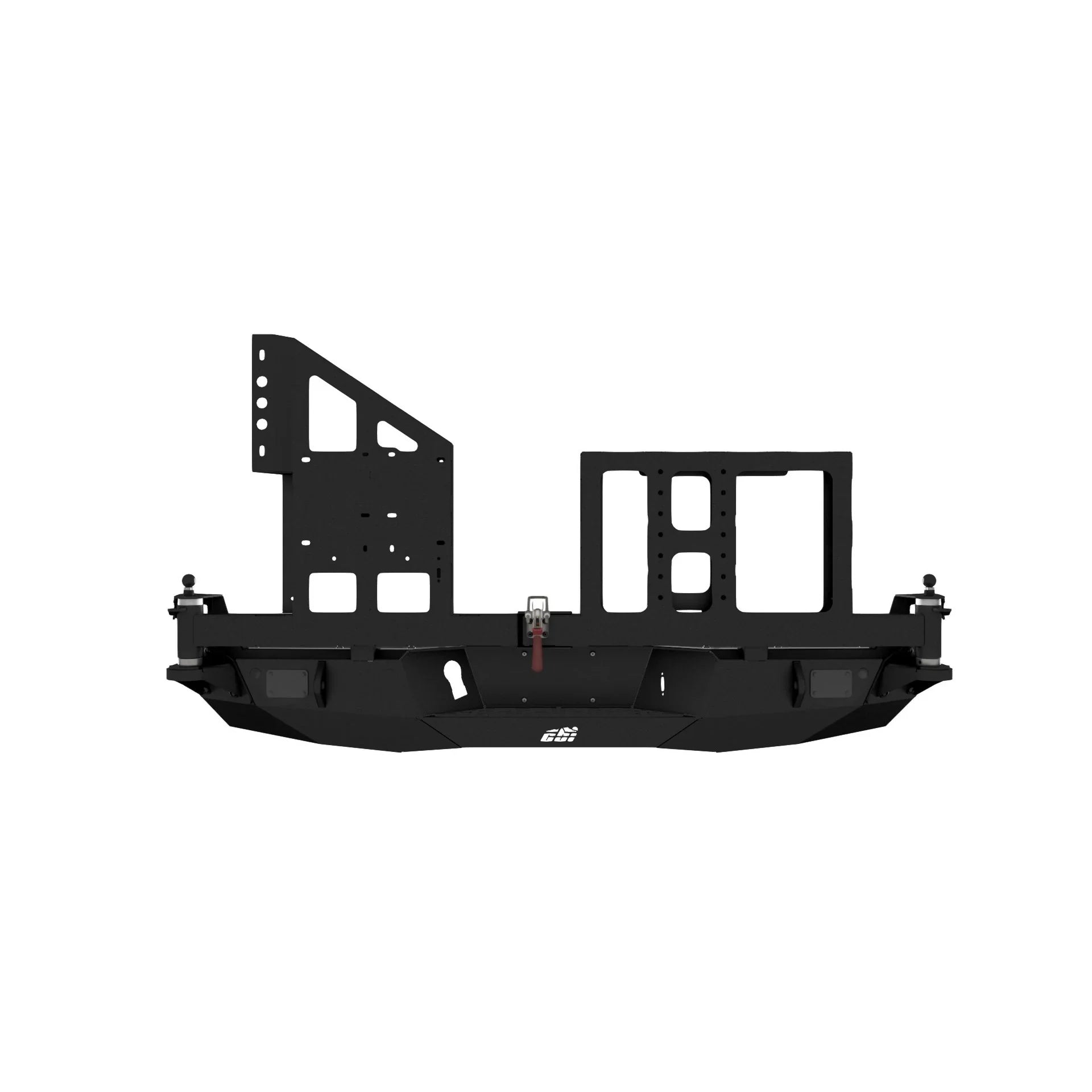 Heavy-duty dual swing away rear bumper for overlanding vehicles, black steel, head-on view
