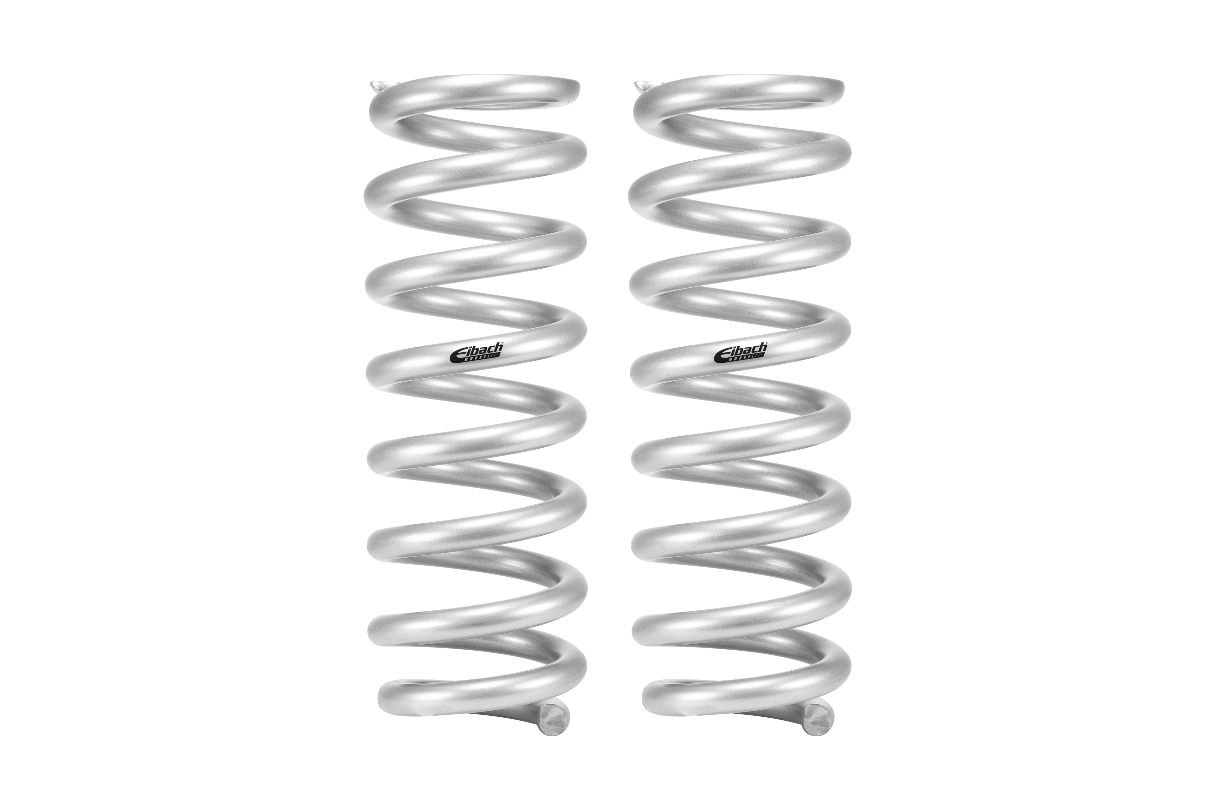 Pair of silver Eibach coil springs for off-road vehicle suspension upgrades