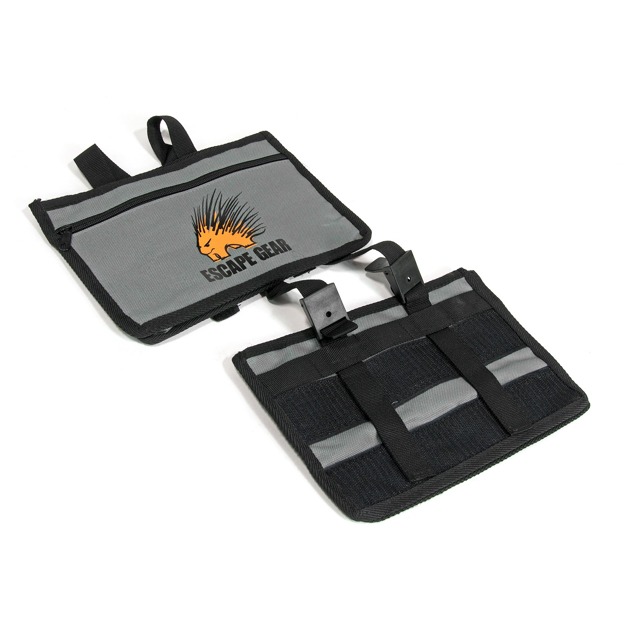 Gray overland vehicle saddlebags with black straps, Escape Gear logo, MOLLE panels