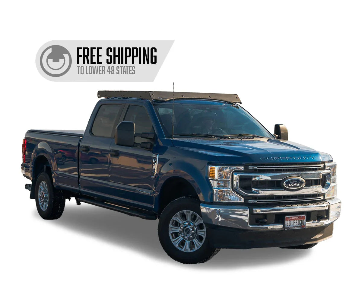 Ford F-250 pickup truck with overland roof rack, free shipping banner included