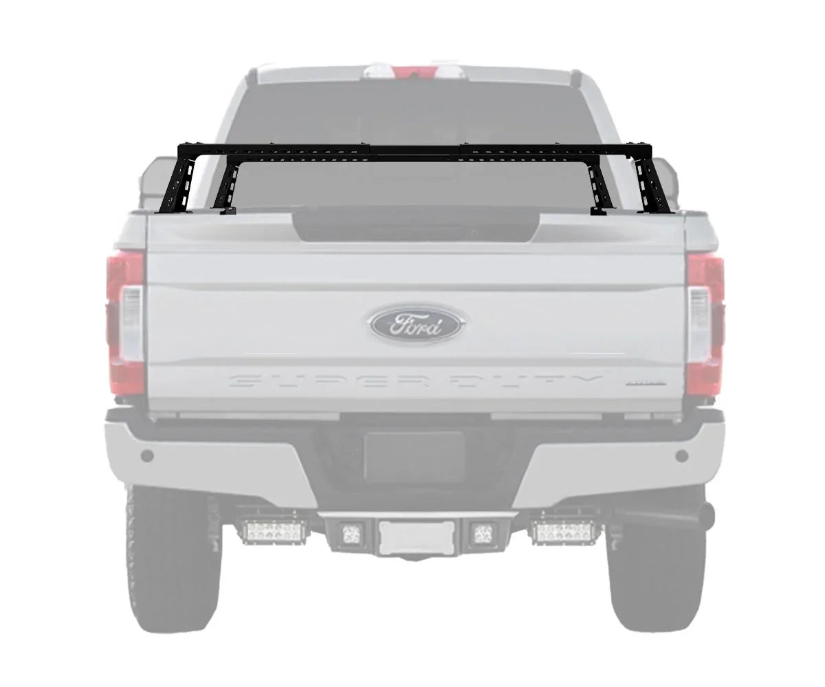 Black bed rack installed on Ford Super Duty truck for overlanding gear storage