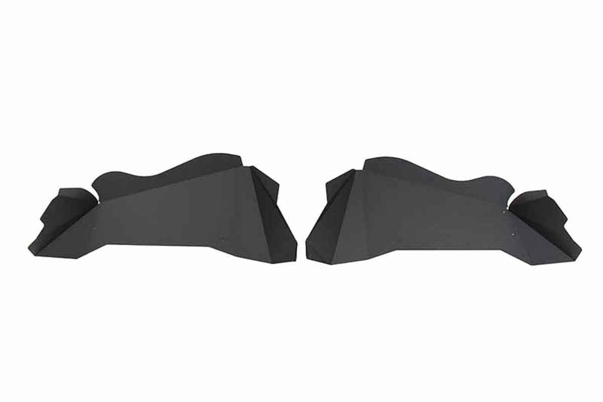 Pair of black steel off-road inner fender liners for Jeep Wrangler or Gladiator