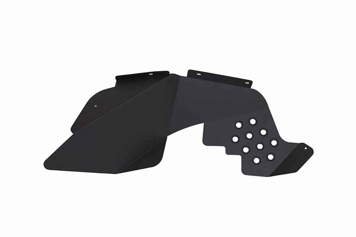Black steel fender liner with ventilation holes for off-road vehicle, isolated on white background.