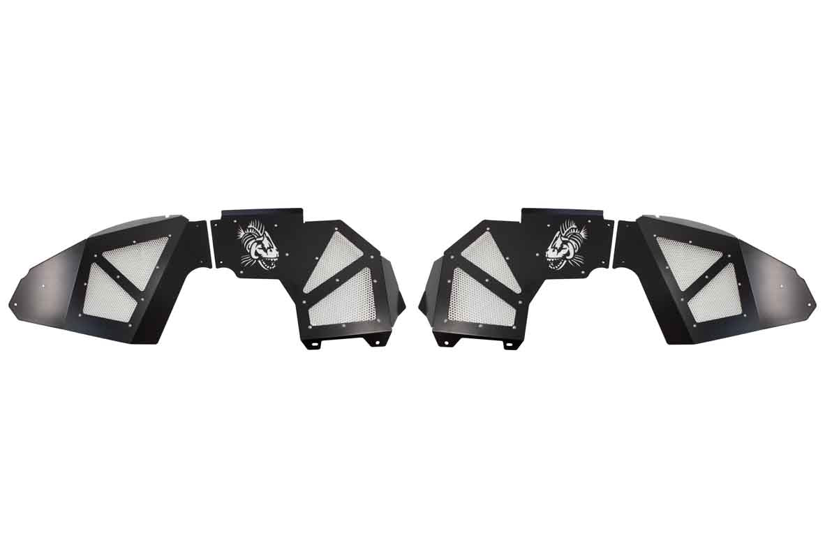 Pair of black off-road inner fender liners with mesh panels for Jeep Wrangler