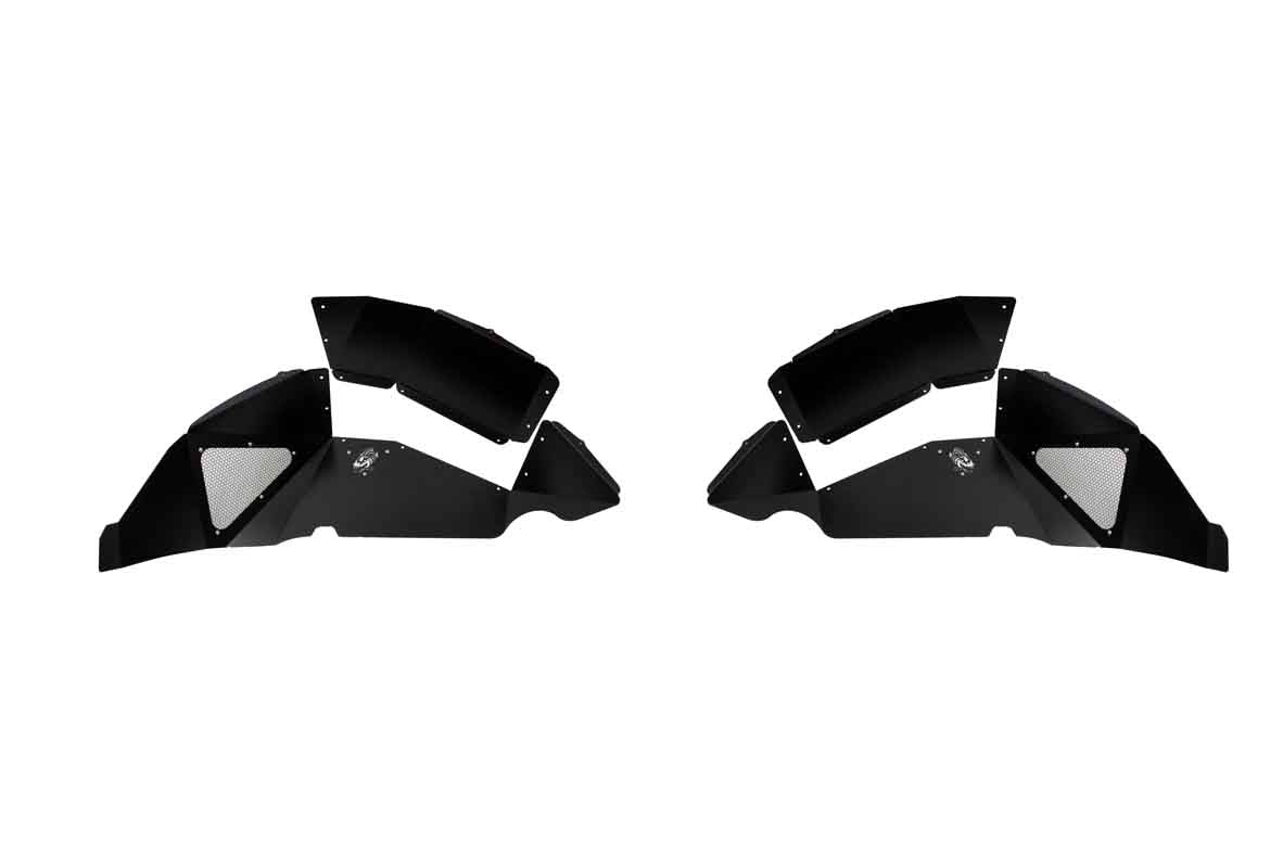 Pair of black metal inner fender liners for off-road Jeep or truck, isolated on white background.