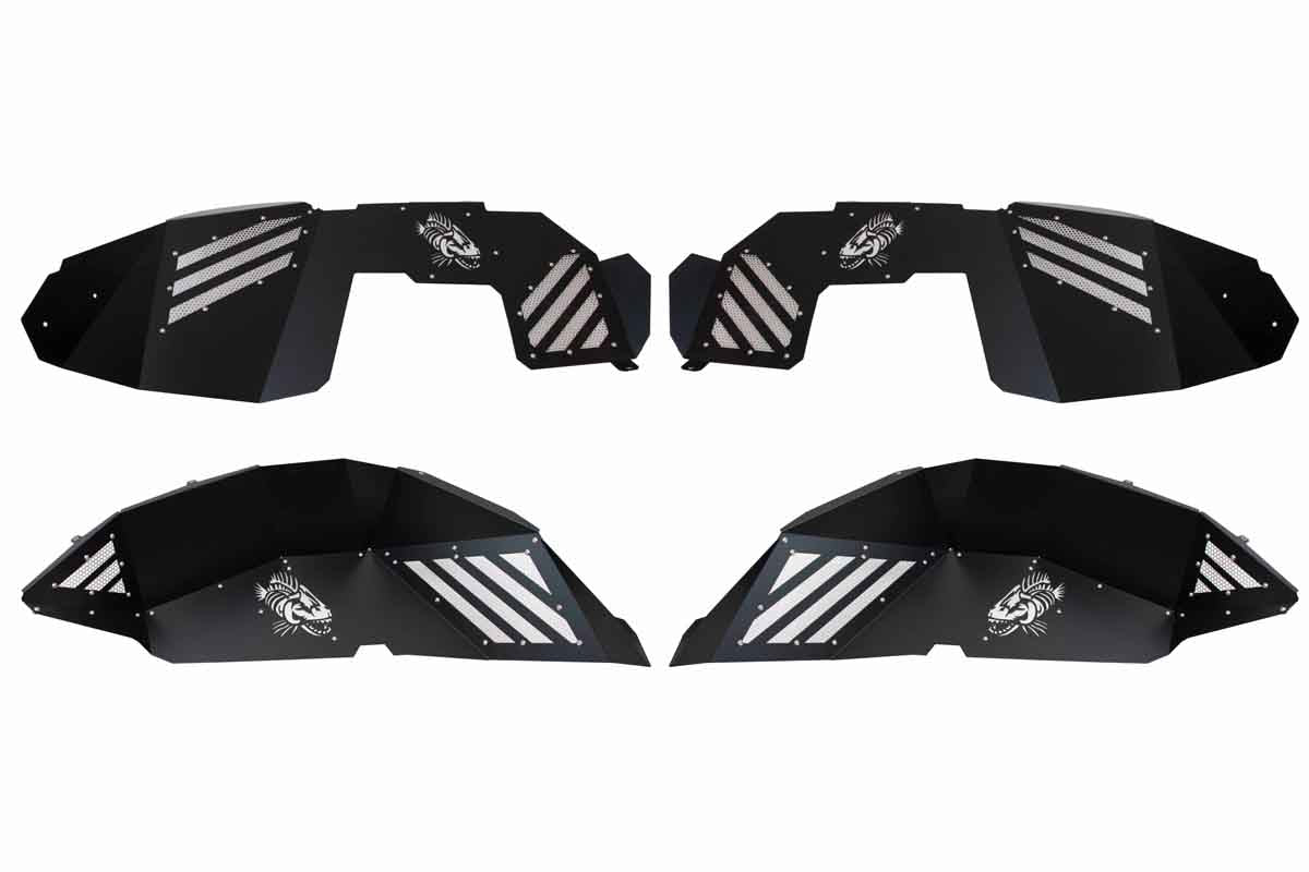 Set of black aftermarket aluminum inner fender liners for off-road vehicles