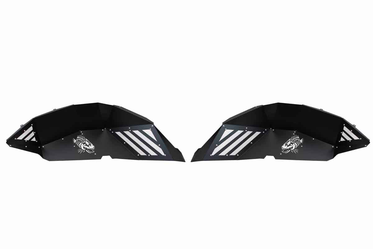 Pair of black off-road inner fender liners with vented panels and graphic design for trucks