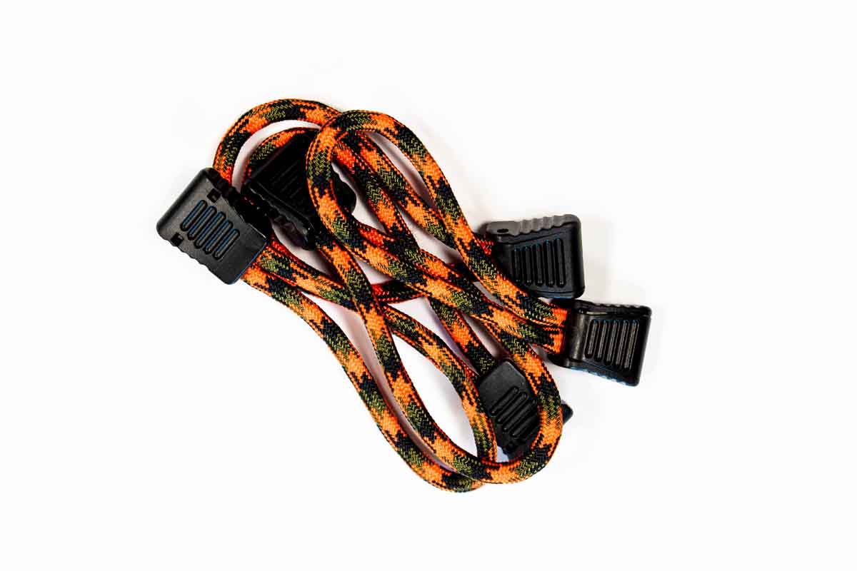 Orange and black camo bungee cord for overlanding and camping gear securing