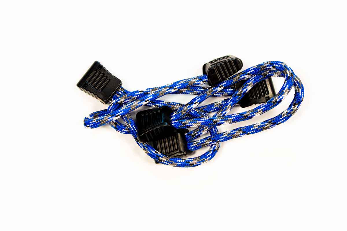 Blue and gray paracord bungee with black clips for overlanding and camping gear