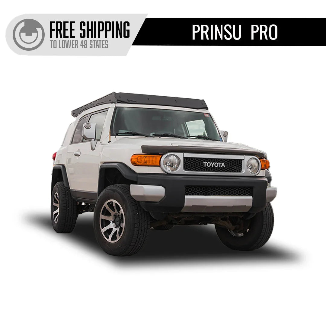 White Toyota FJ Cruiser with Prinsu Pro roof rack for overlanding and off-road gear