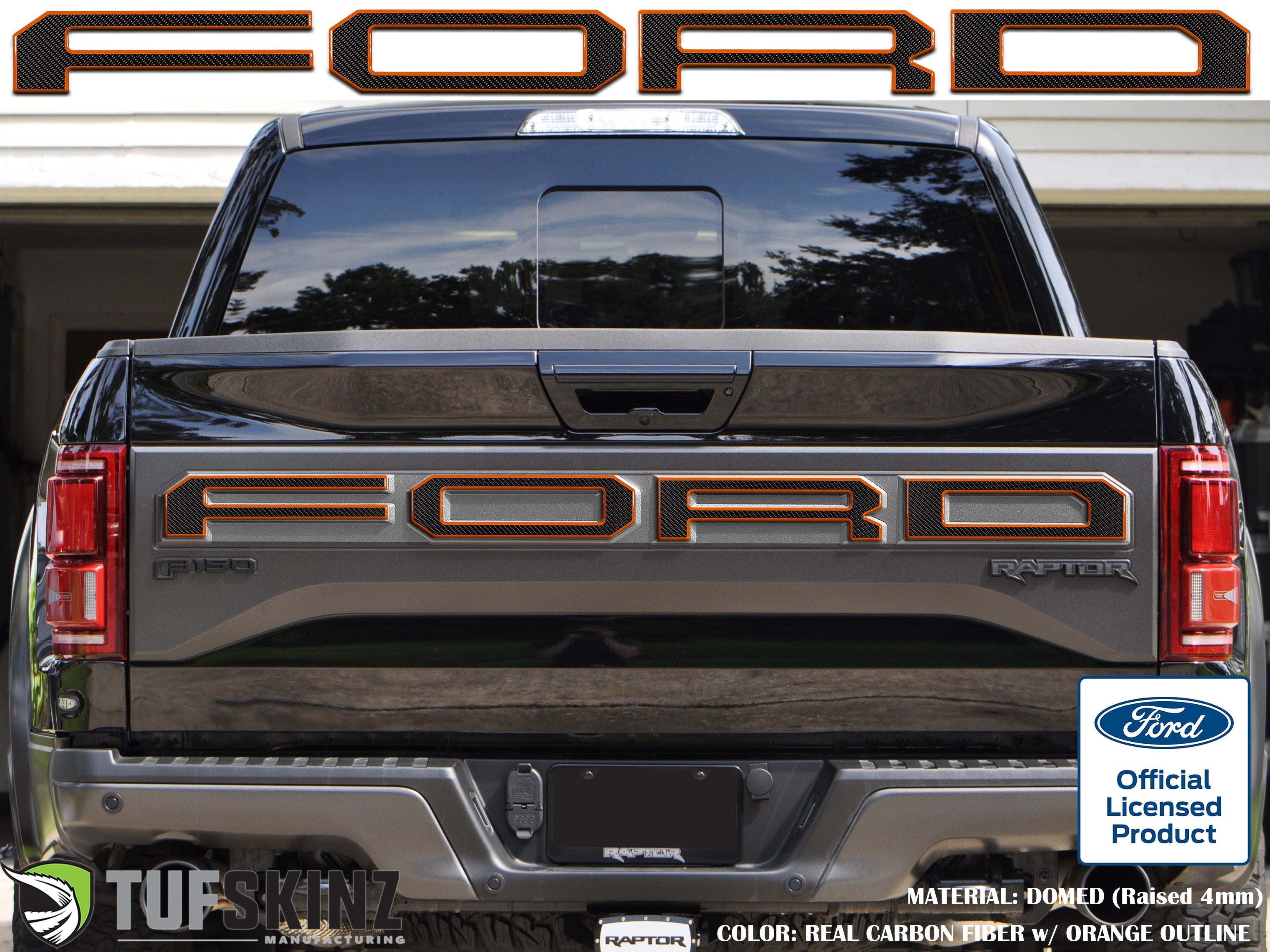 "FORD" Raptor Tailgate Lettering Overlays Fits 2015-2018 Ford F-150 2015-2018 Domed Carbon Fiber/Orange Outline