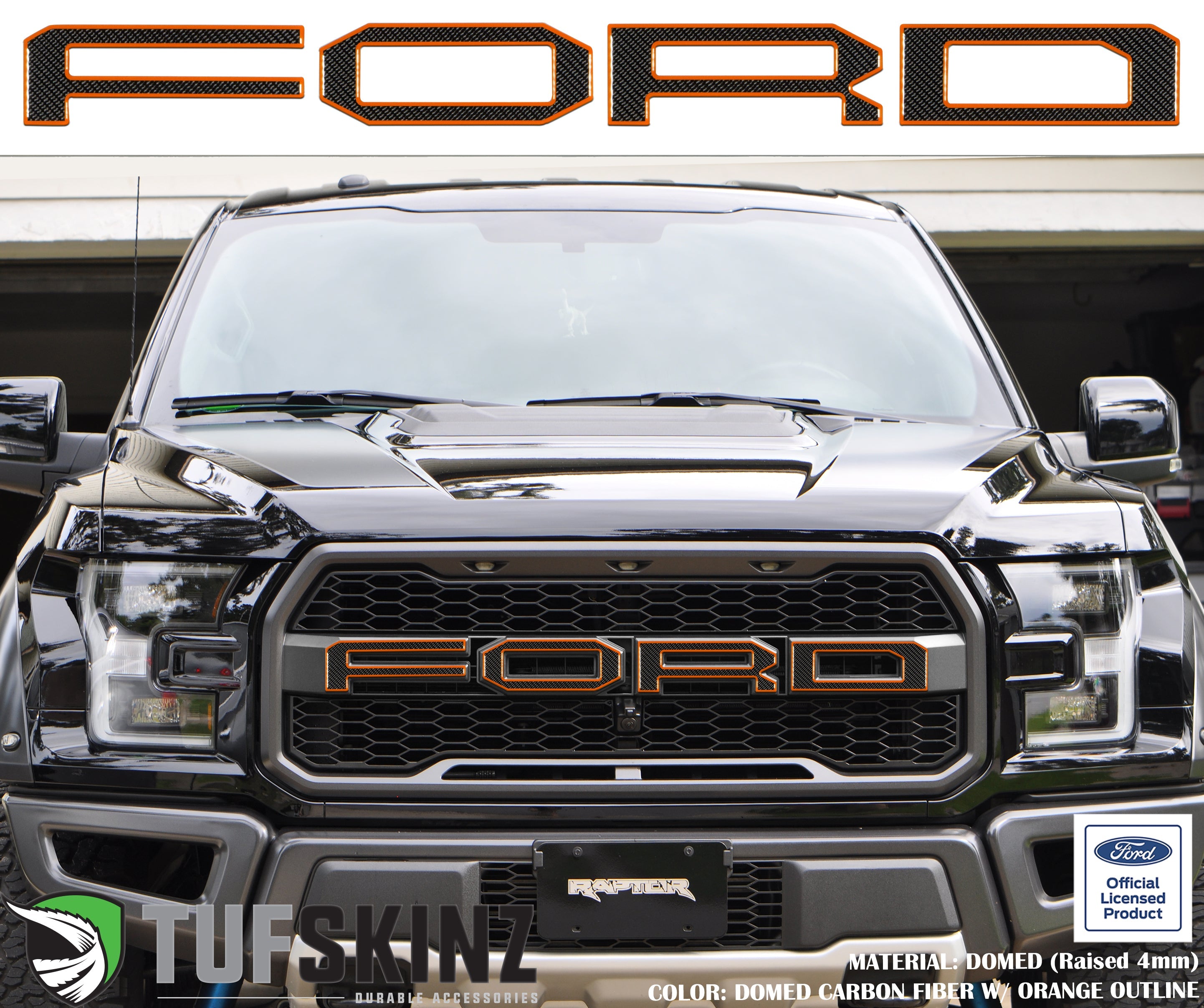 "FORD" Raptor Grill Lettering Overlays Fits 2015-2020 Ford F-150 Domed Carbon Fiber w/Orange Outline