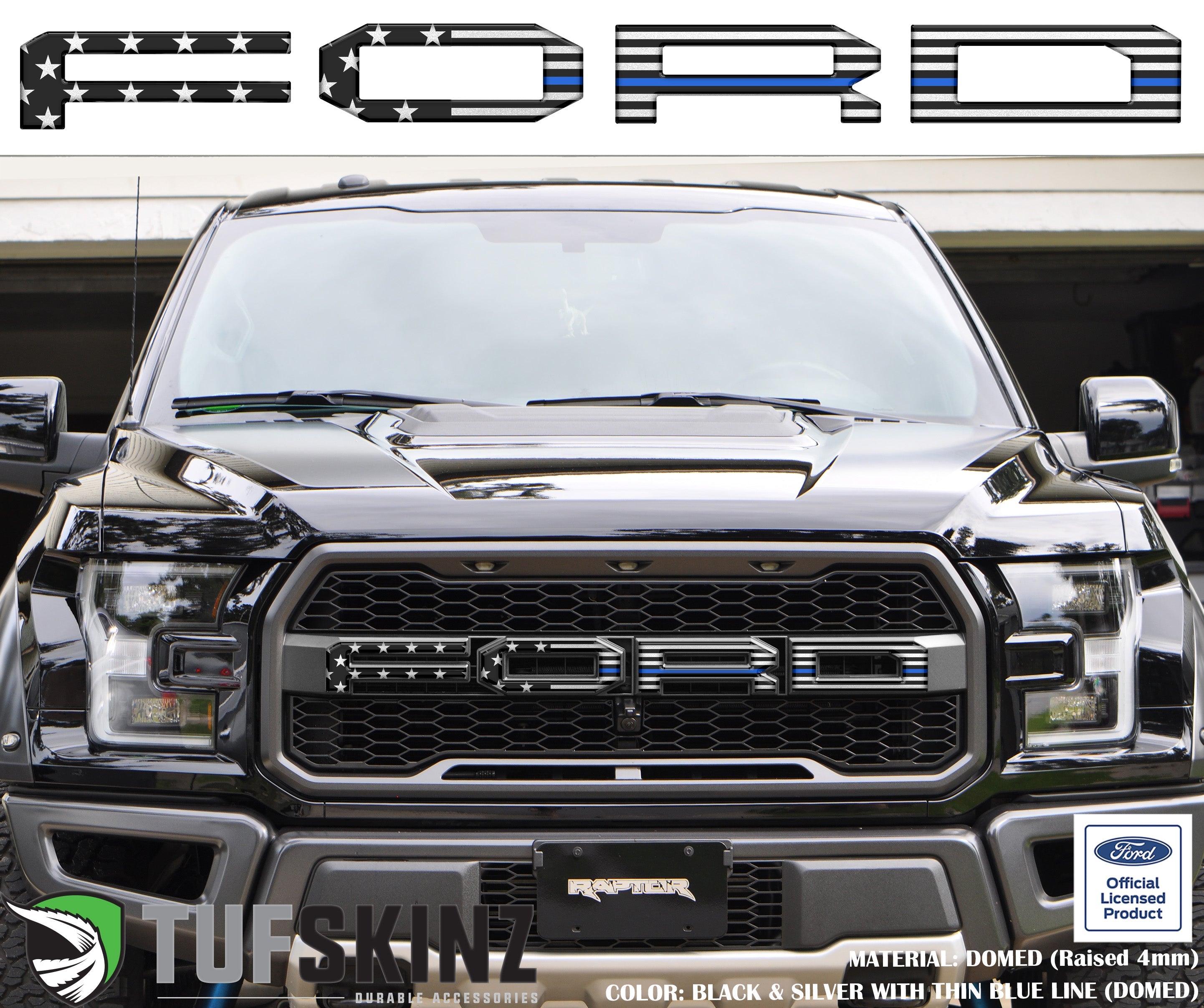 "FORD" Raptor Grill Lettering Overlays Fits 2015-2020 Ford F-150 Black & Silver American Flag w/Thin Blue Line