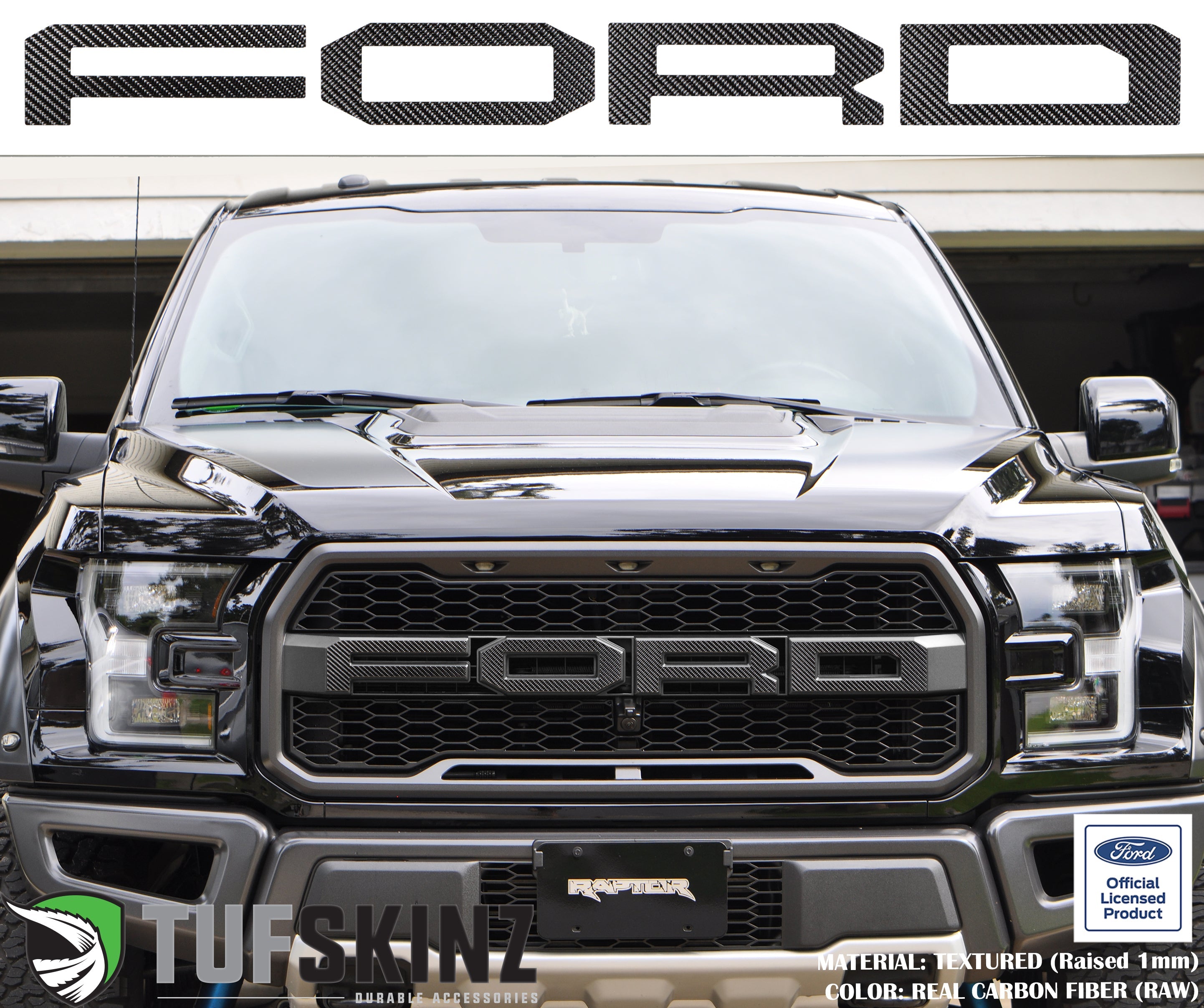 "FORD" Raptor Grill Lettering Overlays Fits 2015-2020 Ford F-150 Real Carbon Fiber(Raw)