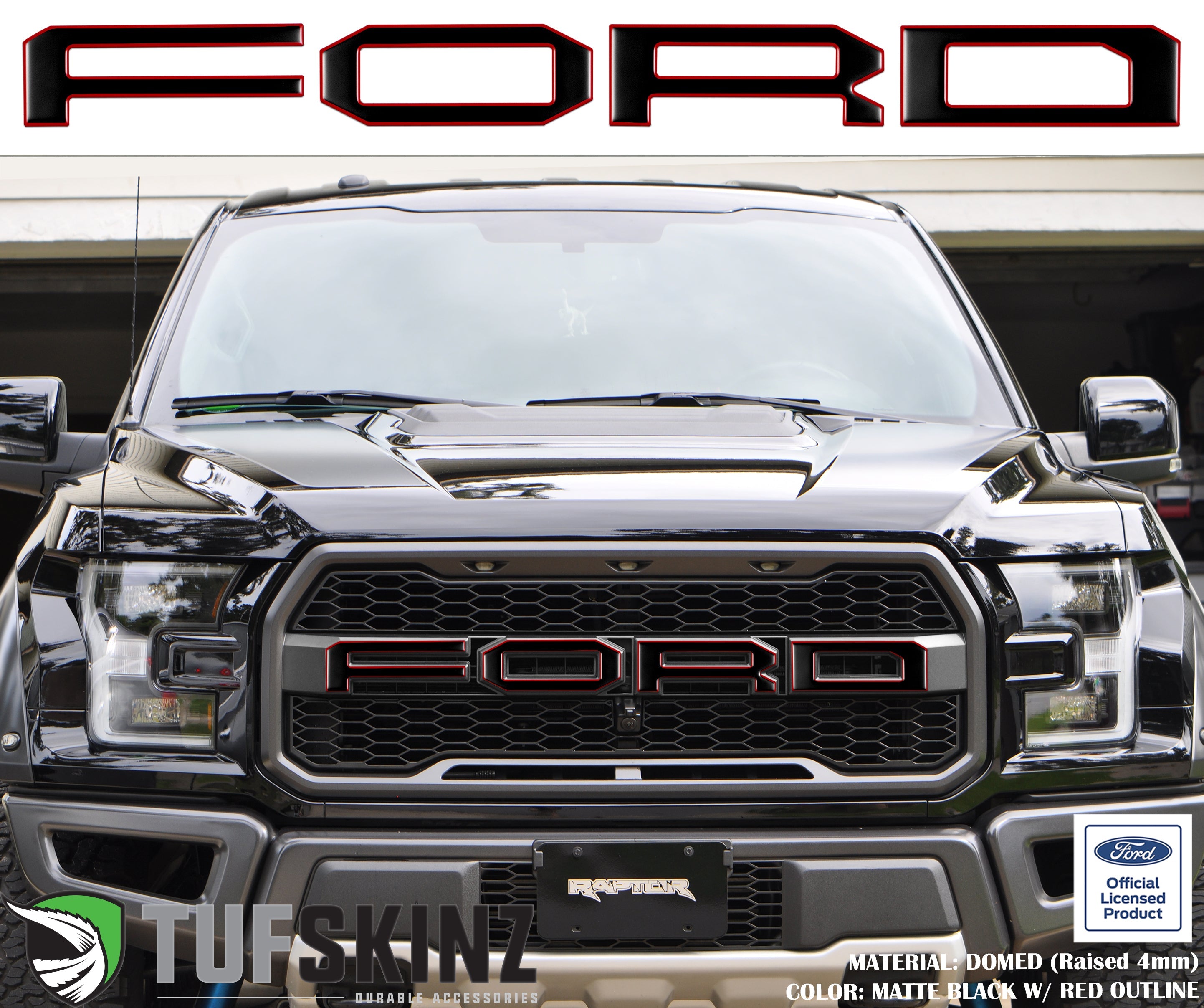 "FORD" Raptor Grill Lettering Overlays Fits 2015-2020 Ford F-150 Matte Black w/Red Outline