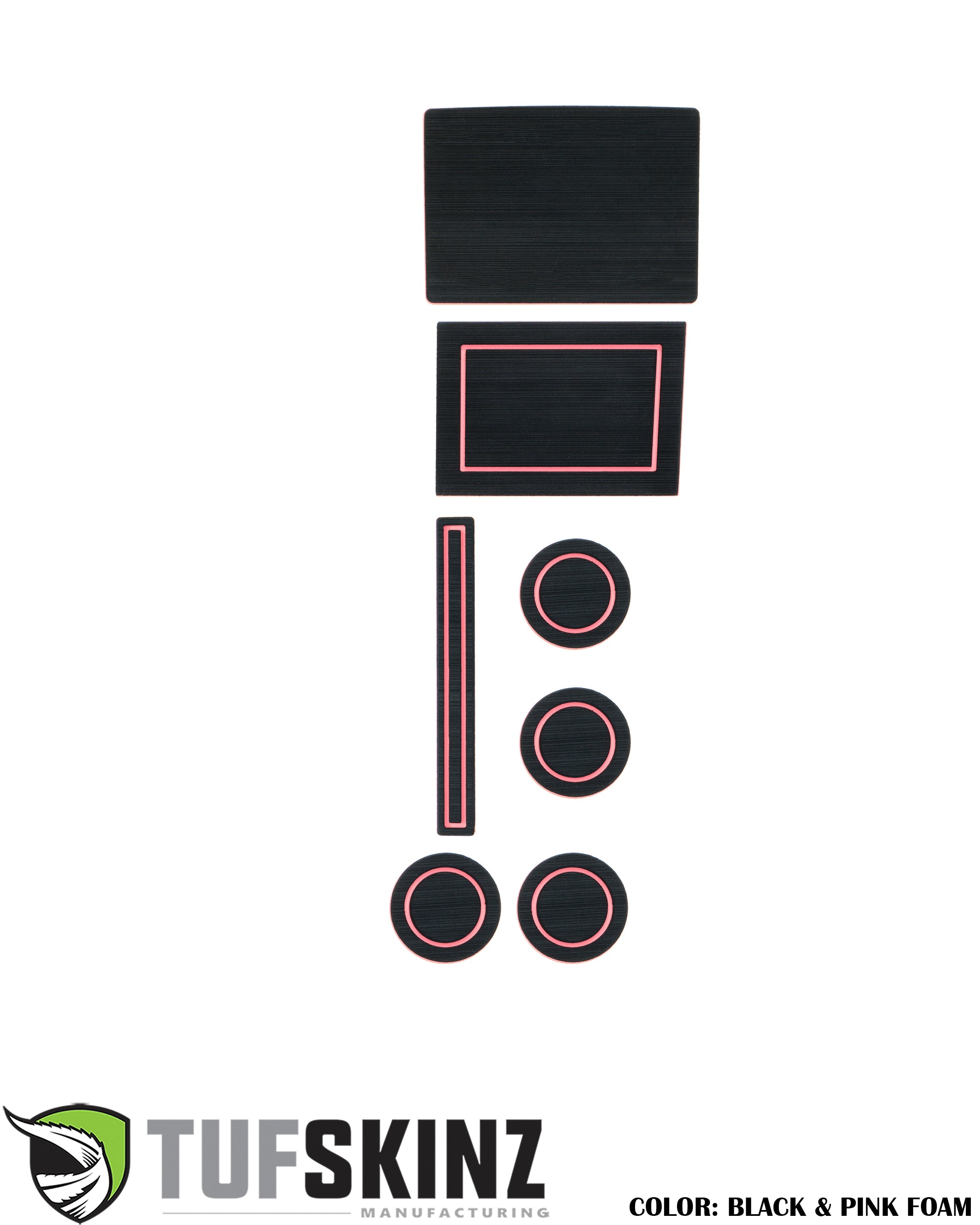 Black and pink foam automotive interior trim kit for vehicle cup holders and storage compartments