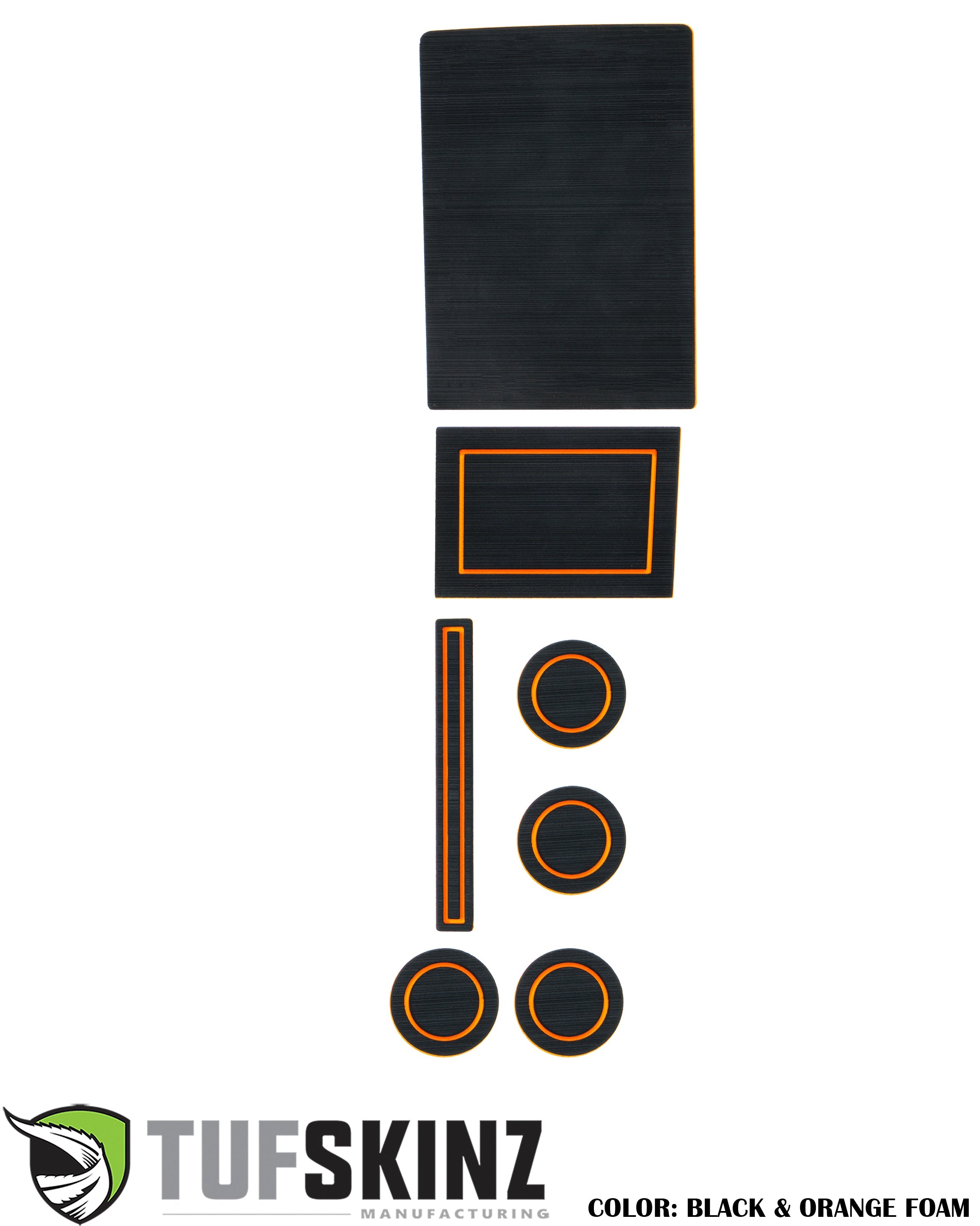 Black and orange foam interior organizer inserts for vehicle cup holders and storage compartments