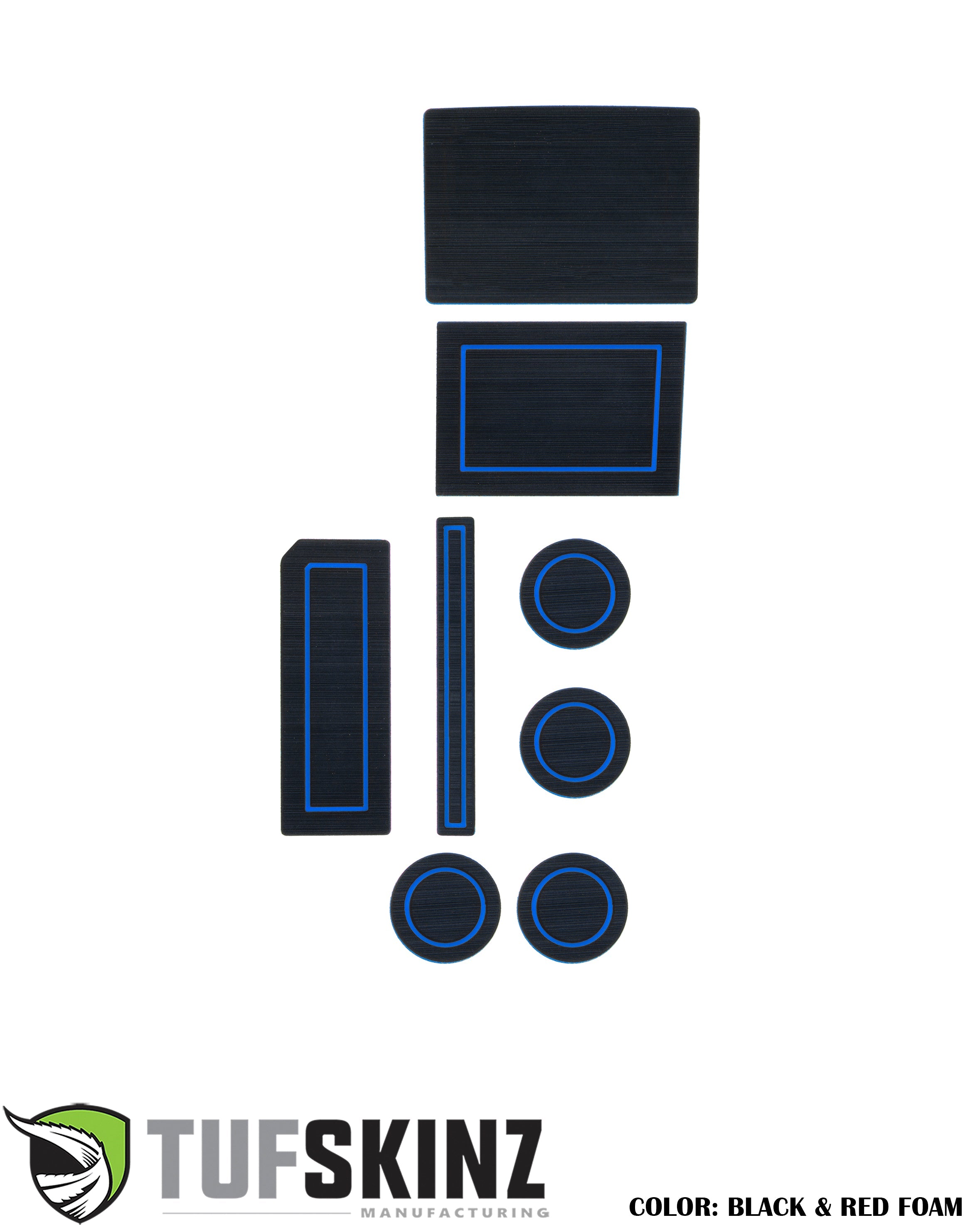 Black interior foam liner kit with blue accents for vehicle cup holders and storage areas