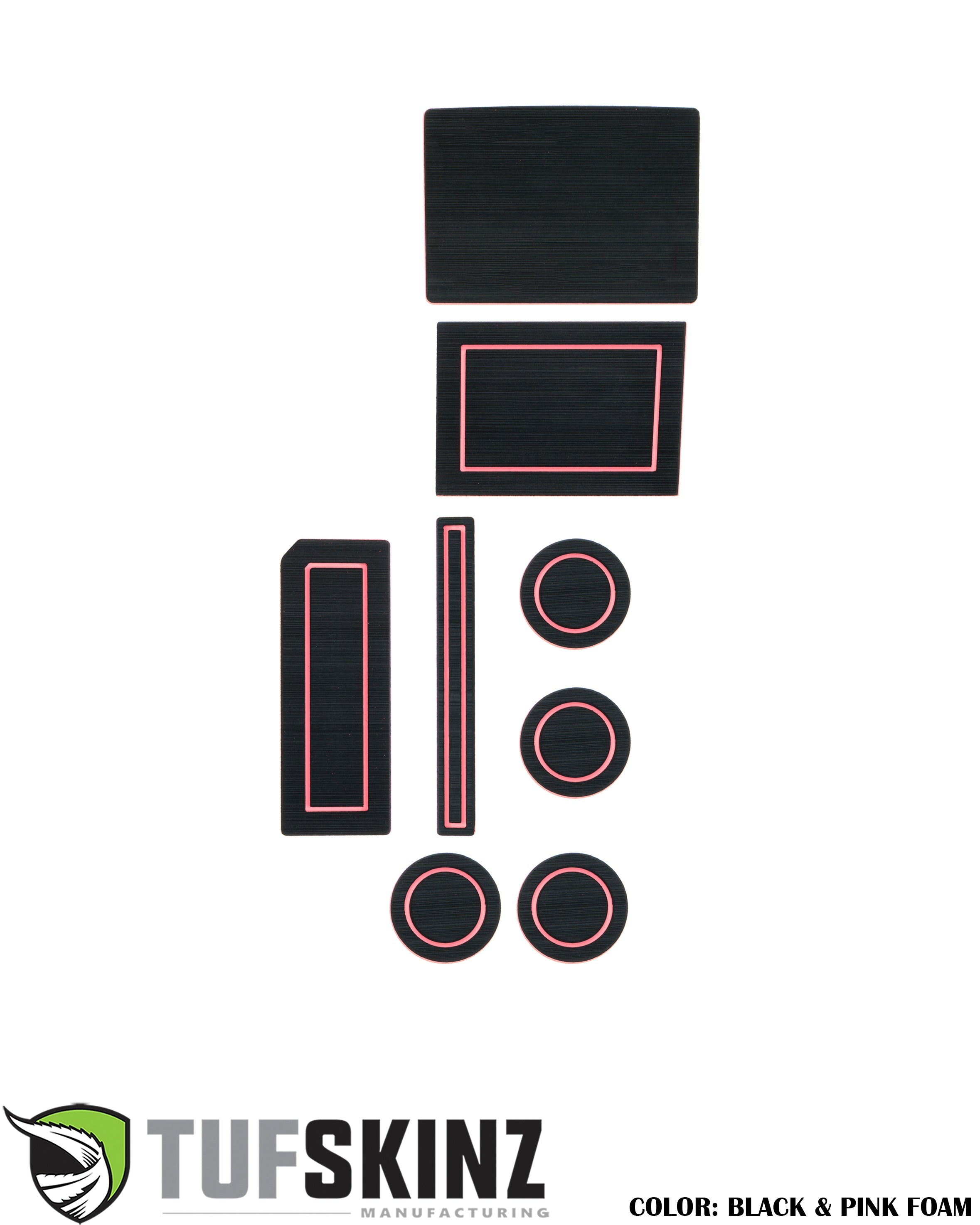 Black and pink foam interior trim kit for vehicle, various shapes on white background