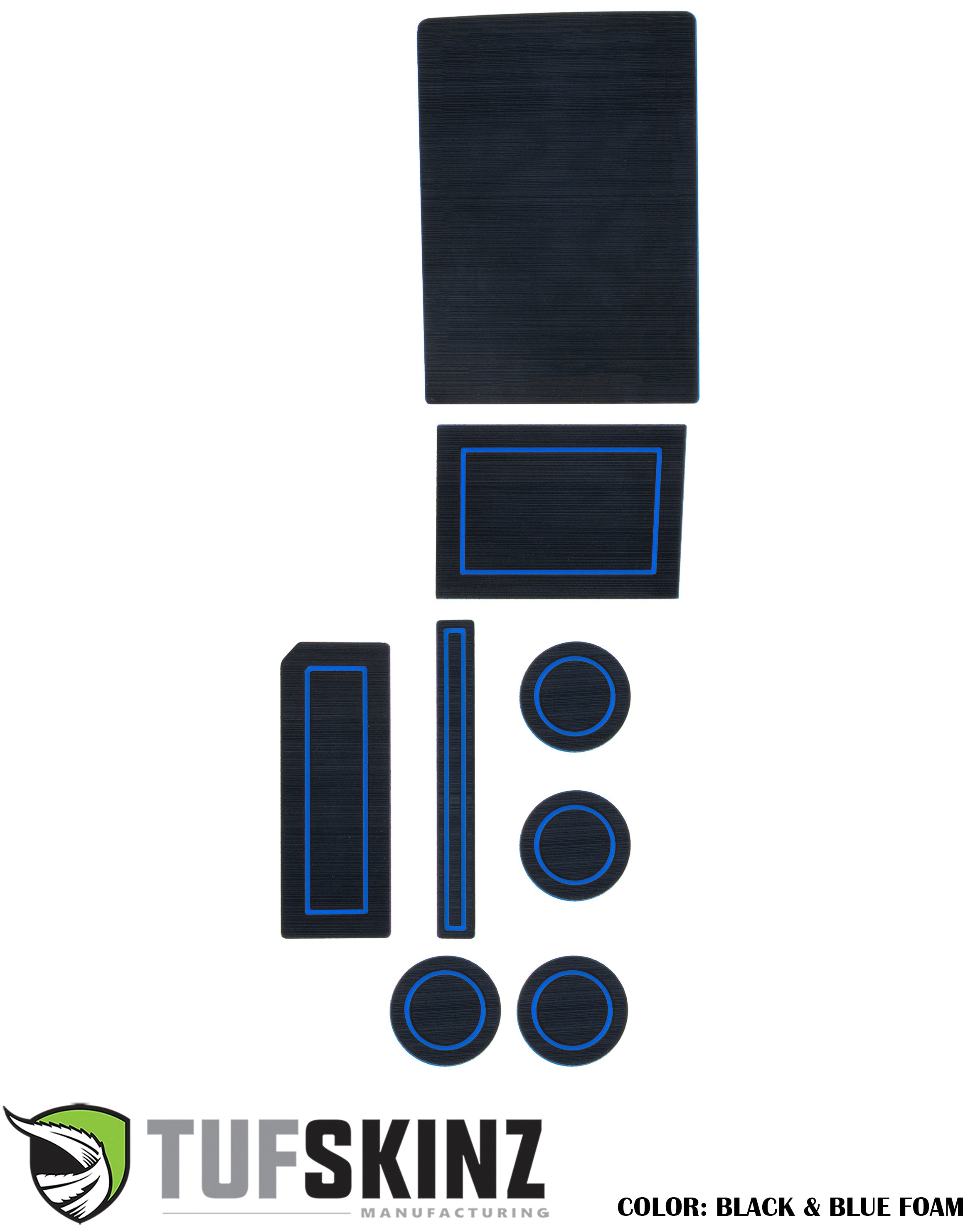 Black and blue foam interior trim kit for vehicle cup holders and consoles