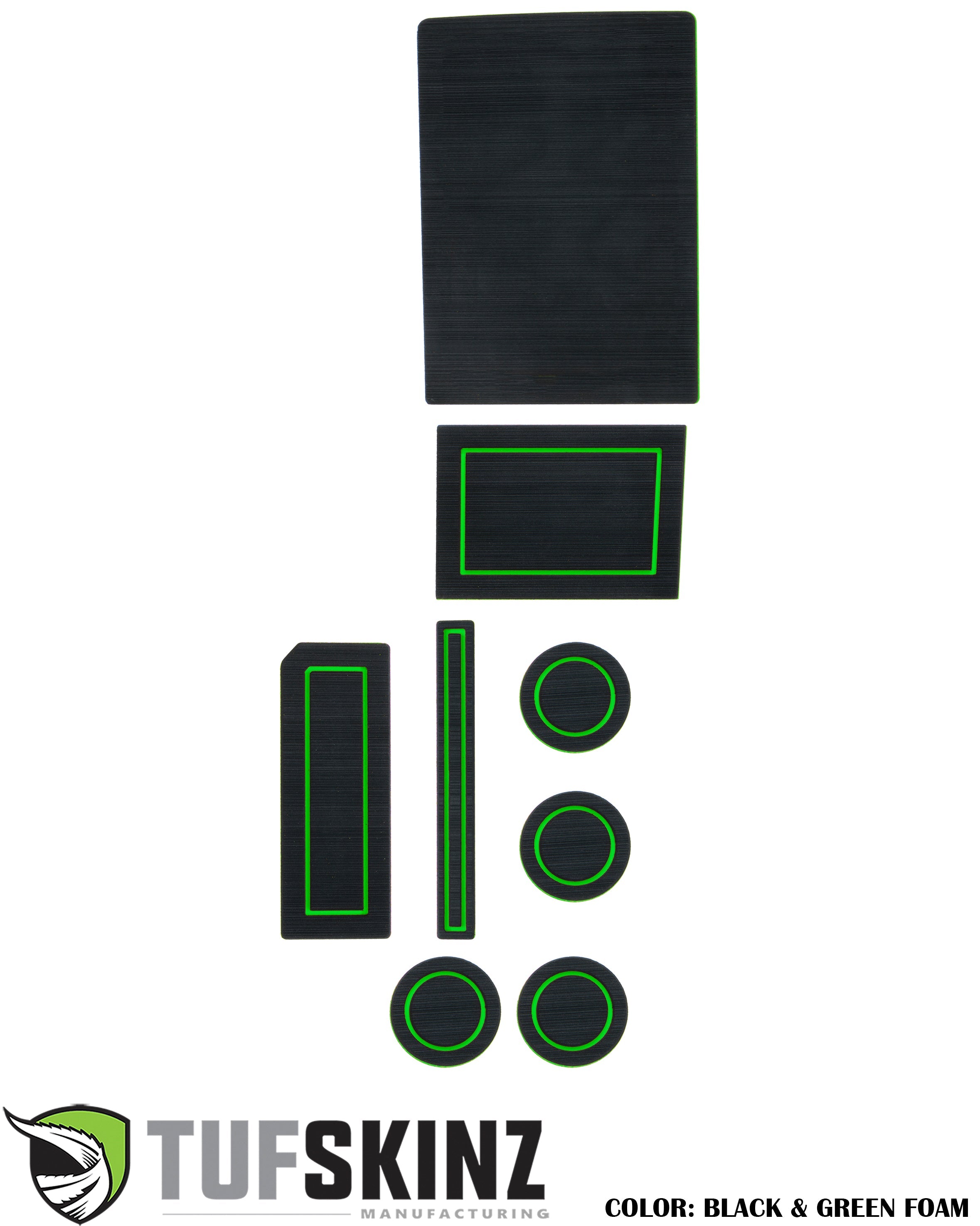 Black and green foam vehicle interior accessory trim pieces for overlanding vehicles