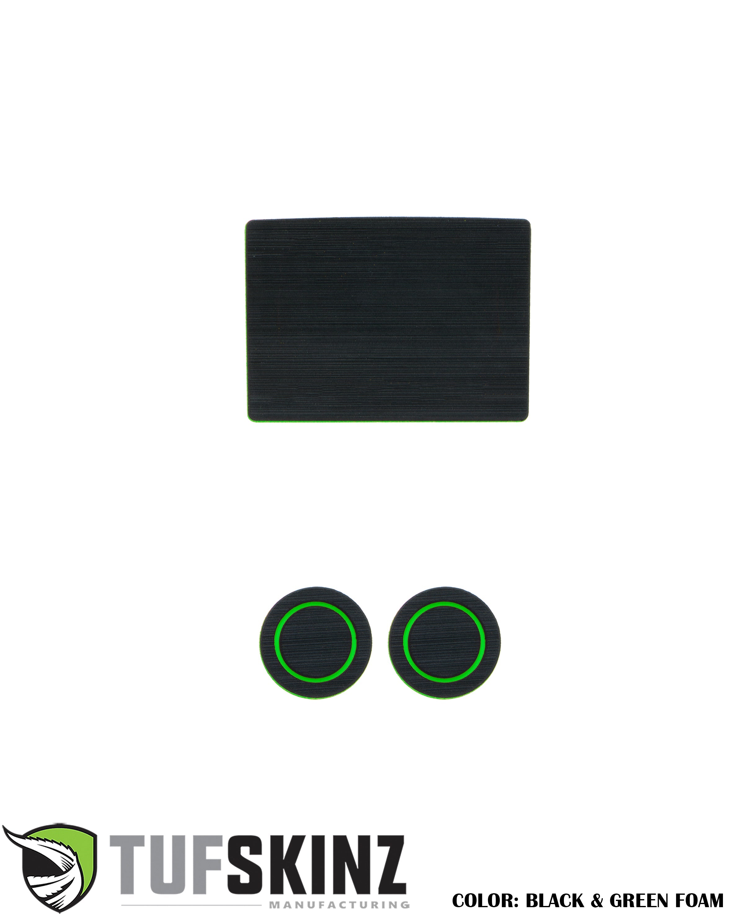 Black and green foam vehicle interior trim kit with textured finish, two round pieces and one rectangle