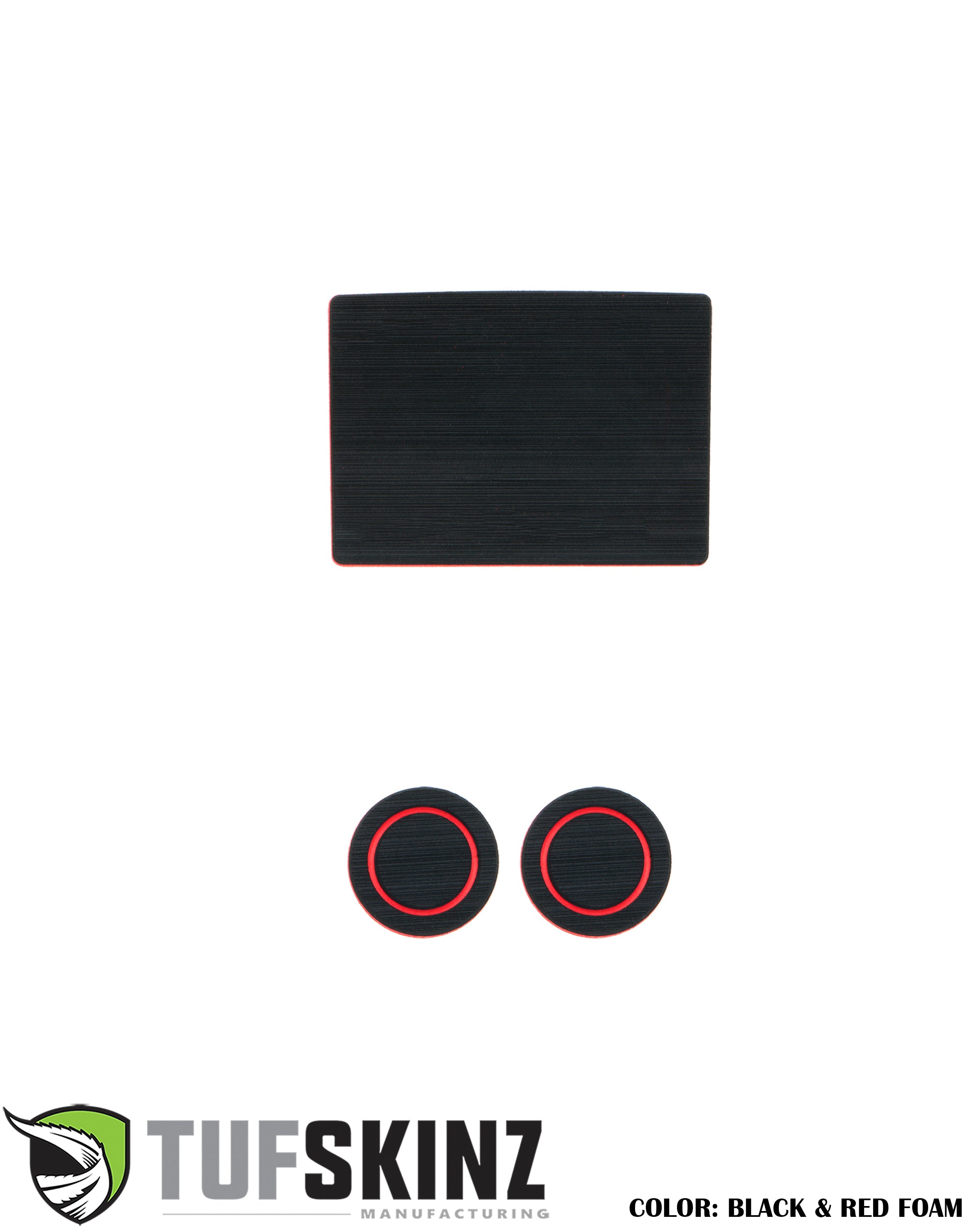 Black and red foam automotive interior accessory inserts, rectangular and circular shapes